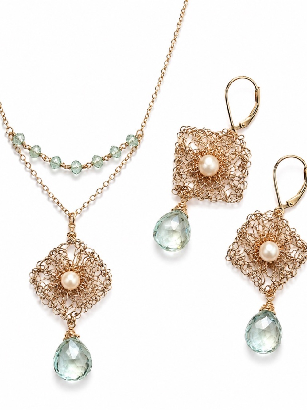 Solid 14K Gold Wire Aquamarine Pearl Necklace & Earring Set